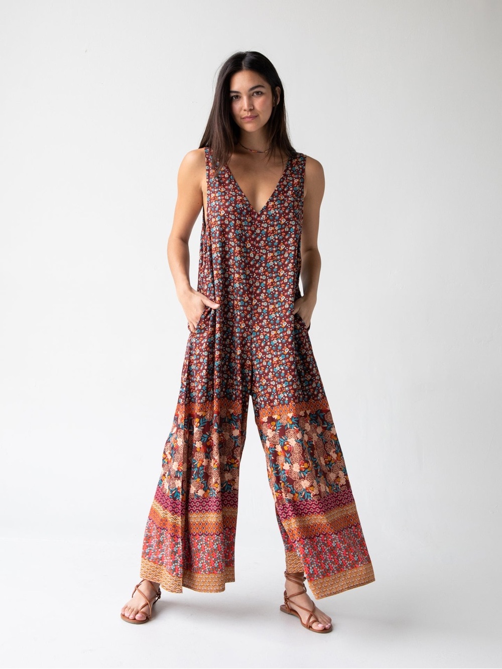 Natural Life Let’s Just Go Wide-Leg Jumpsuit Tan Border Print L/XL